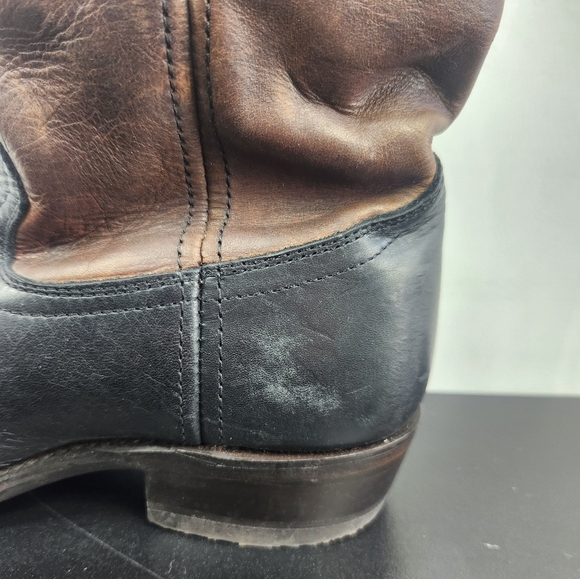 Frye Billy Cross Stitch Short Cowboy Western Heeled Booties Black/Brown 7 1/2 B - Picture 8 of 16